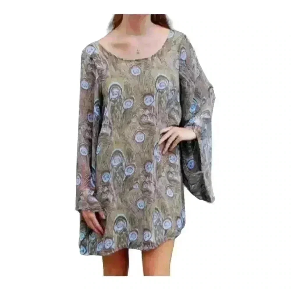 Show Me Your MuMu Peacock Feather Mini Tunic Dress with Butterfly Sleeves Size M